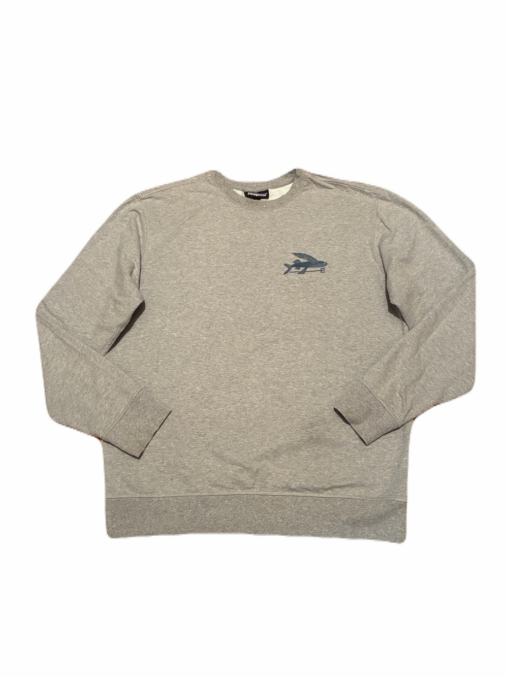 Patagonia Organic Crewneck Sweatshirt in Trident Fly Fishing Logo Grey, Large